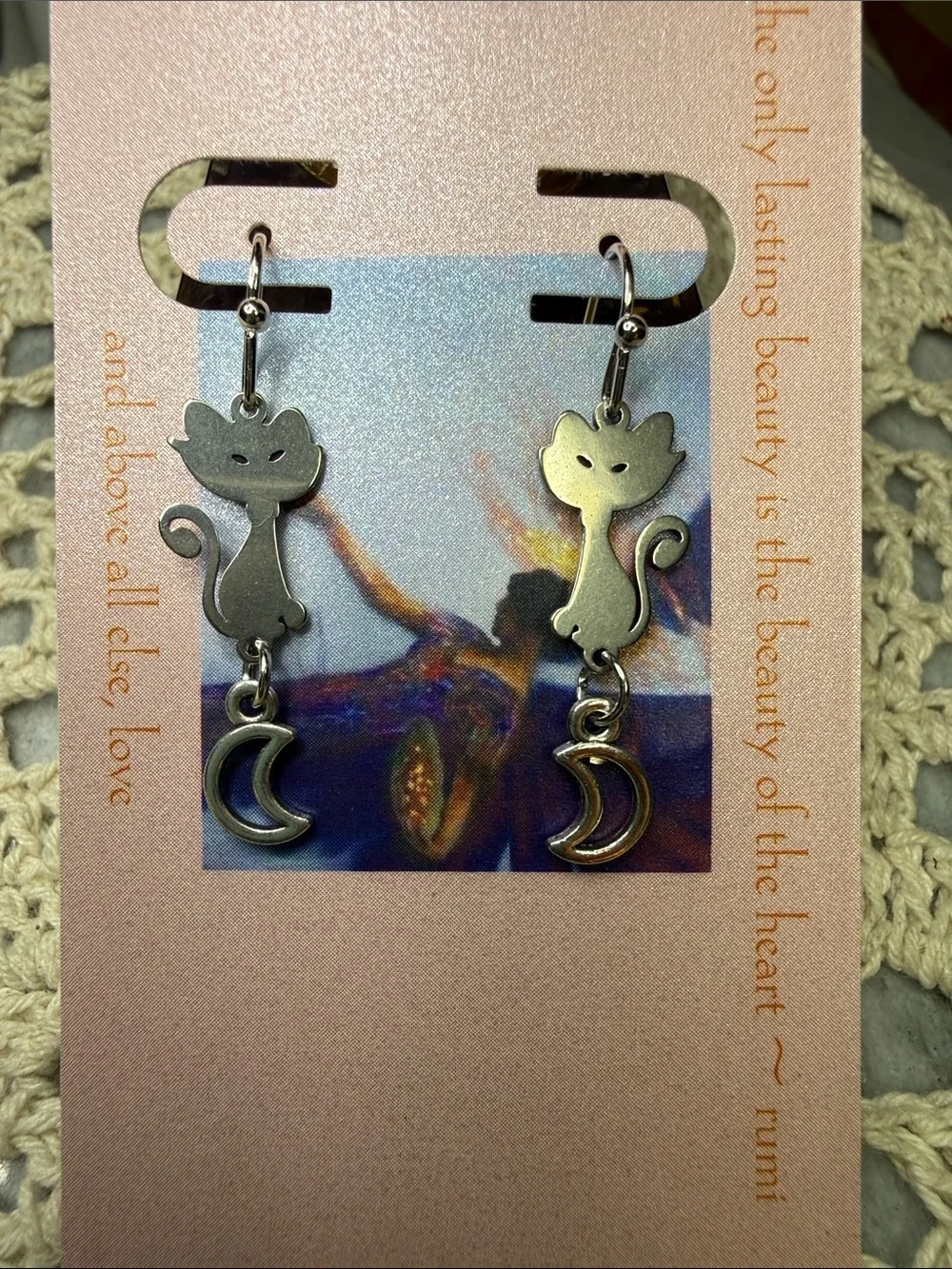 Silver Cat Dangle Earrings with Moon Charm - Unbranded